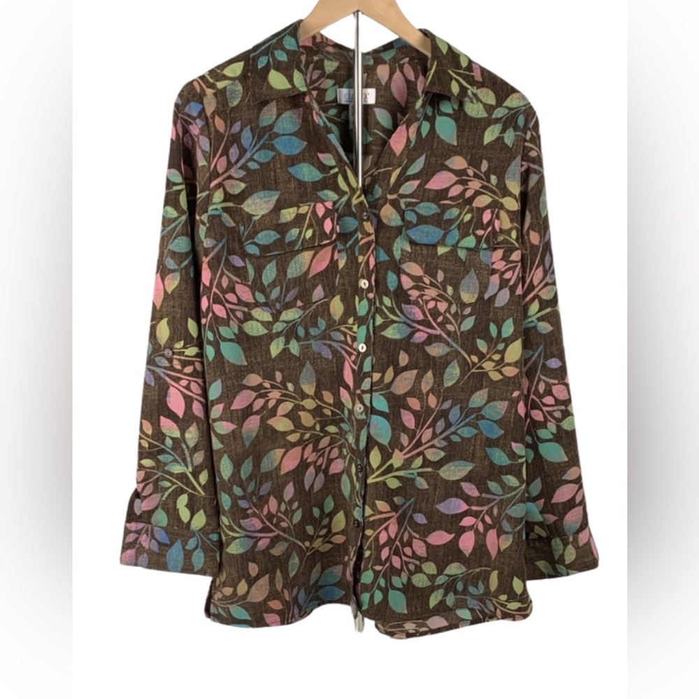 Denim & Co Chocolate Brown Pastel Leaf Blouse Women’s M Long Sleeve Spring